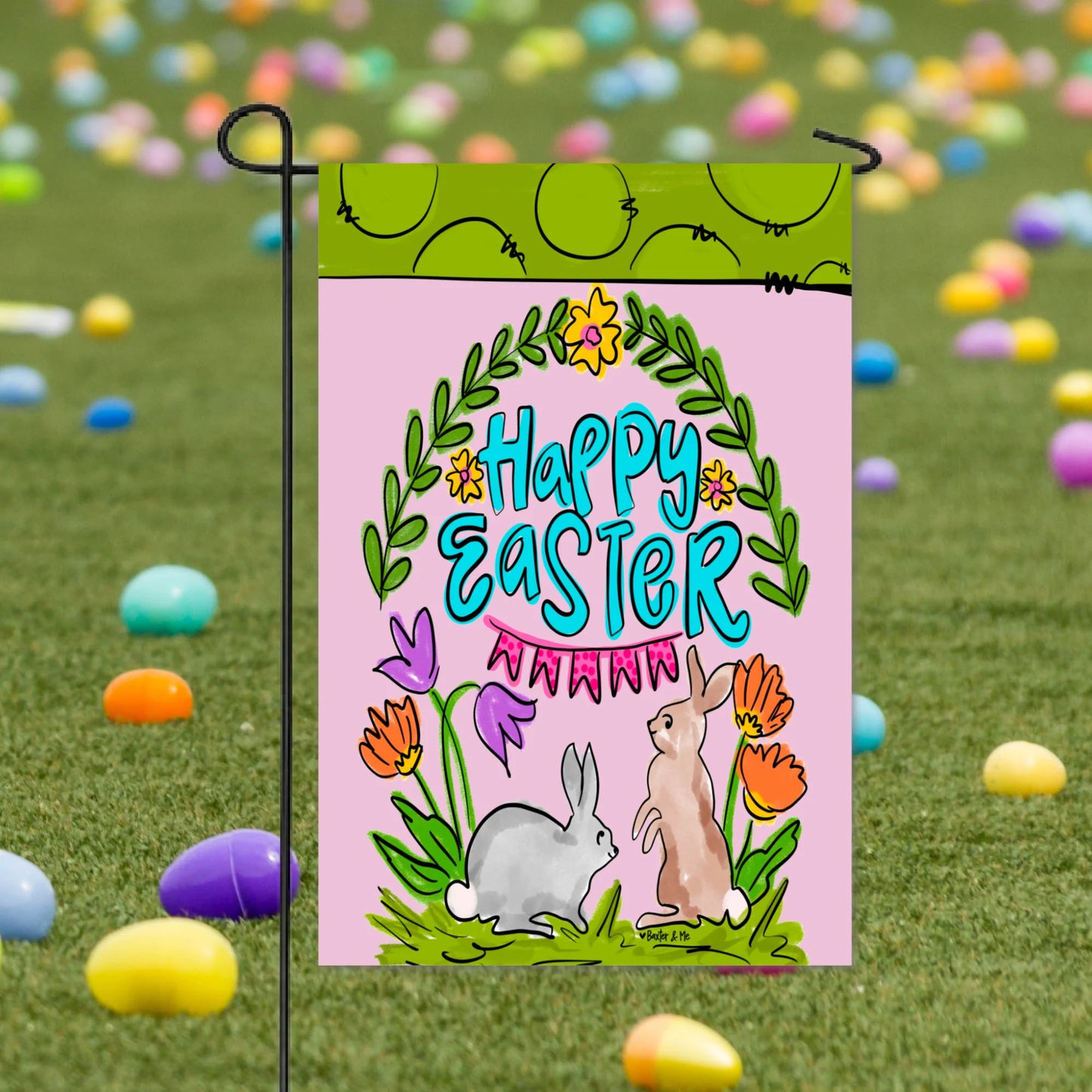 Bunnies with Tulips Garden Flag