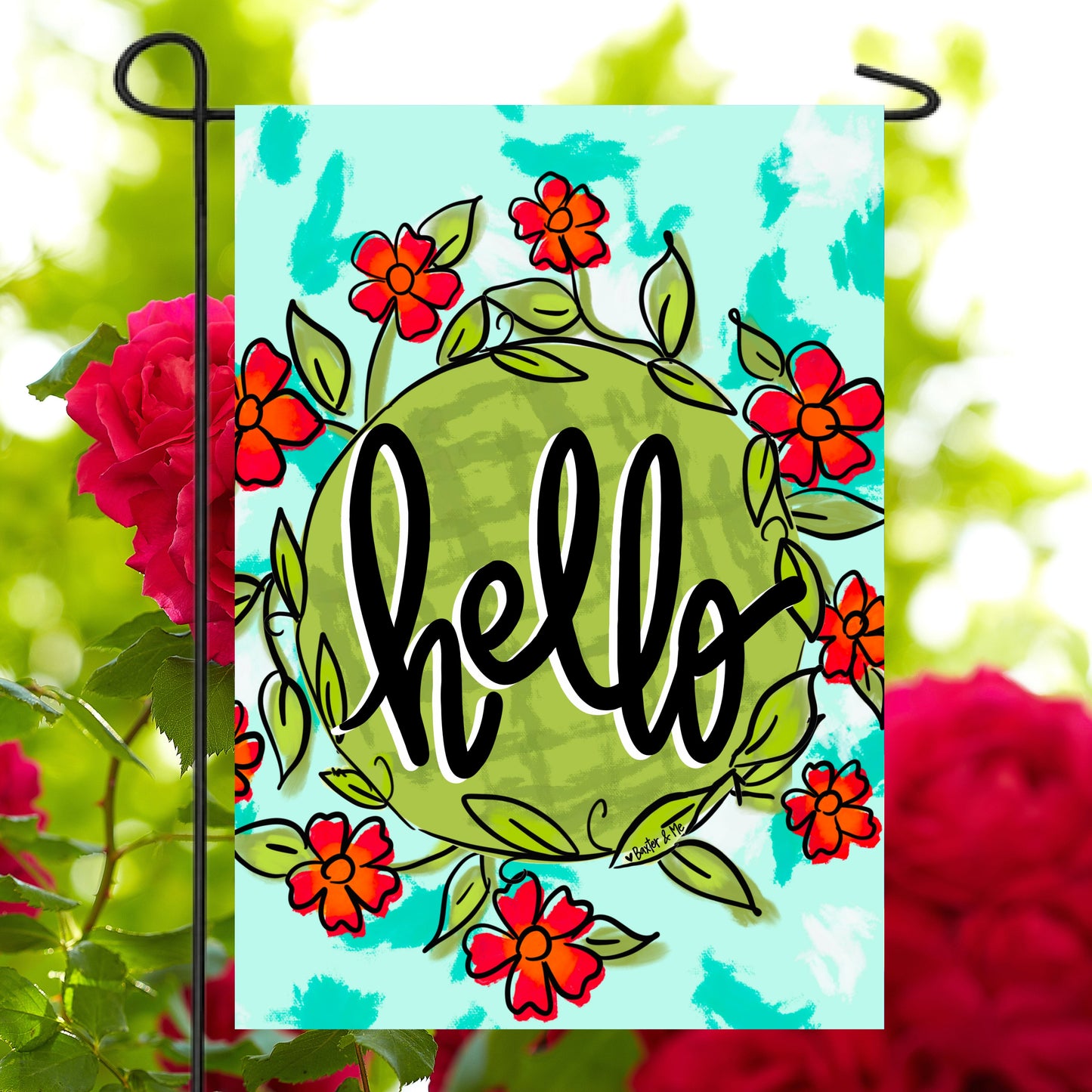 Hello Red Floral Wreath Garden Flag