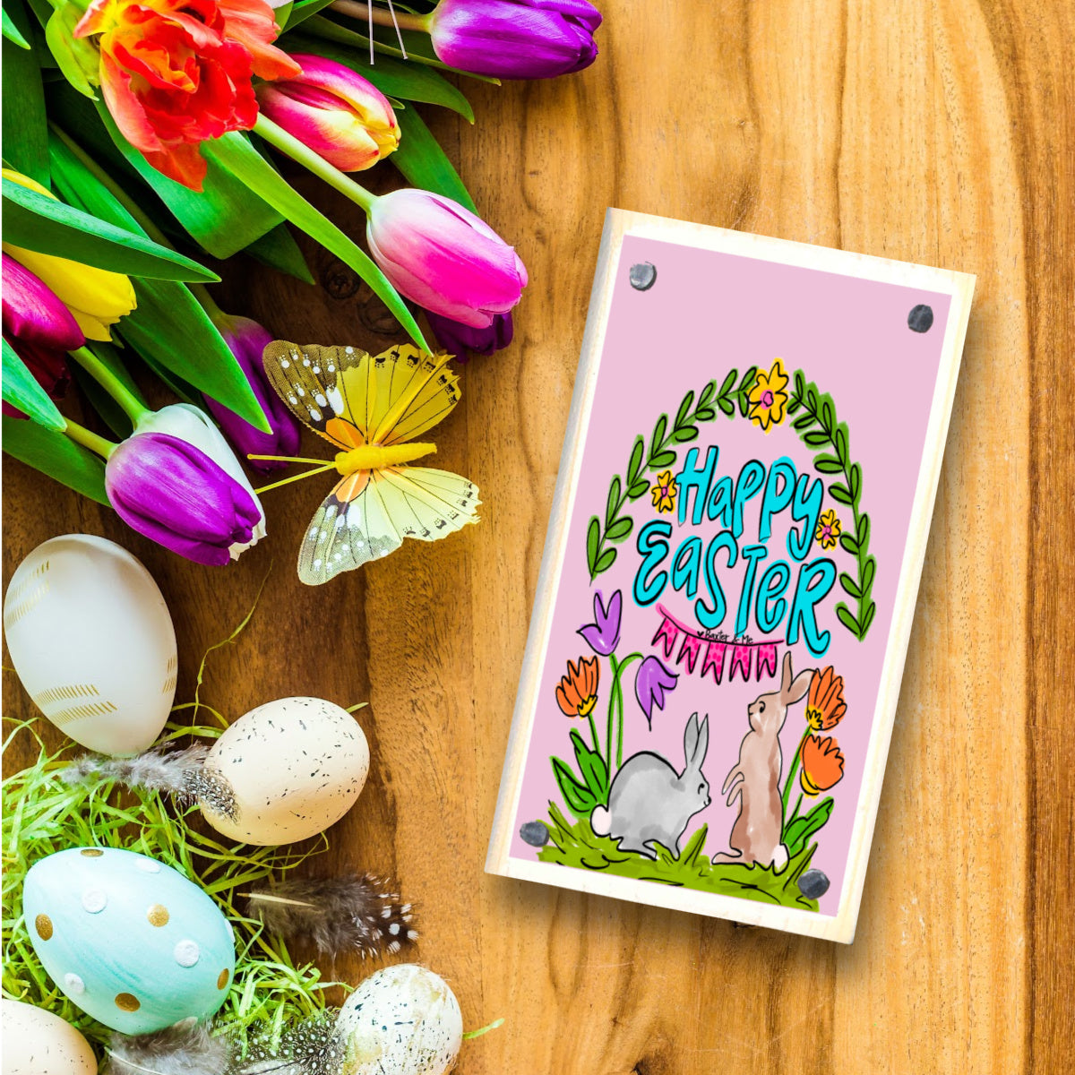 Bunnies with Tulips Happy Block