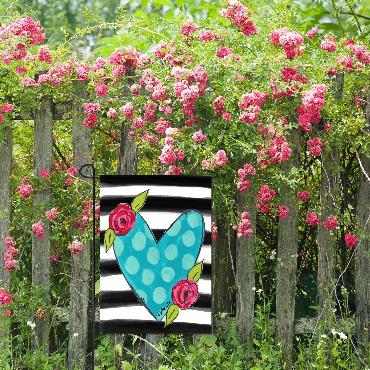 Striped Floral Heart Garden Flag