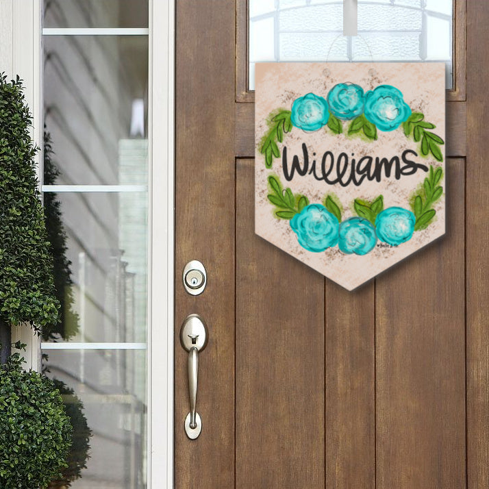 Personalized Blue Floral Door Hanger