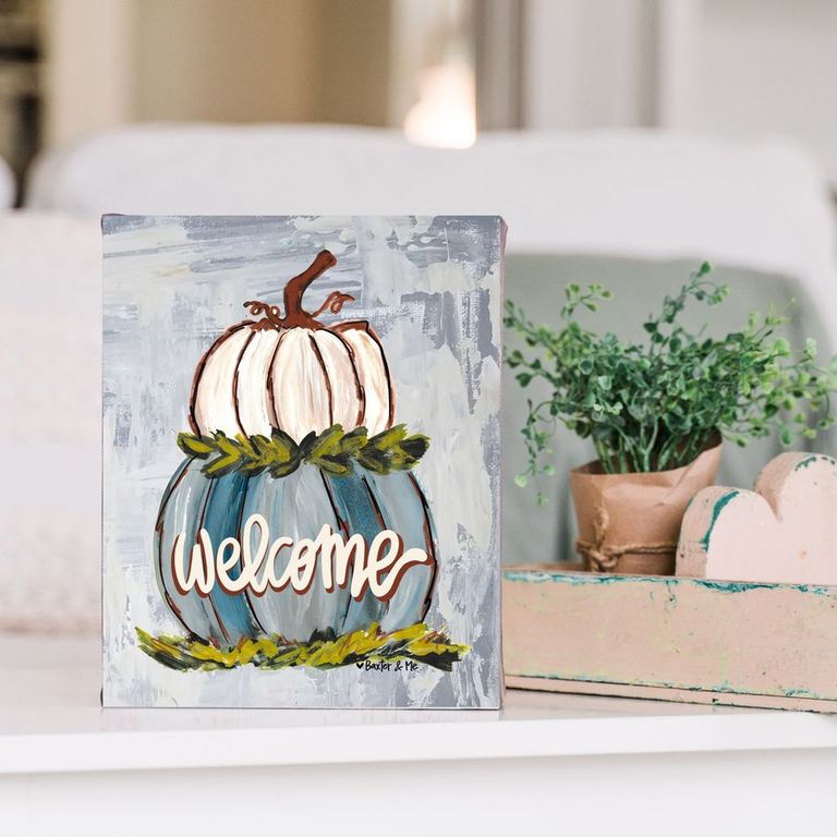 Welcome Double Stacked Neutral Pumpkin Wrapped Canvas