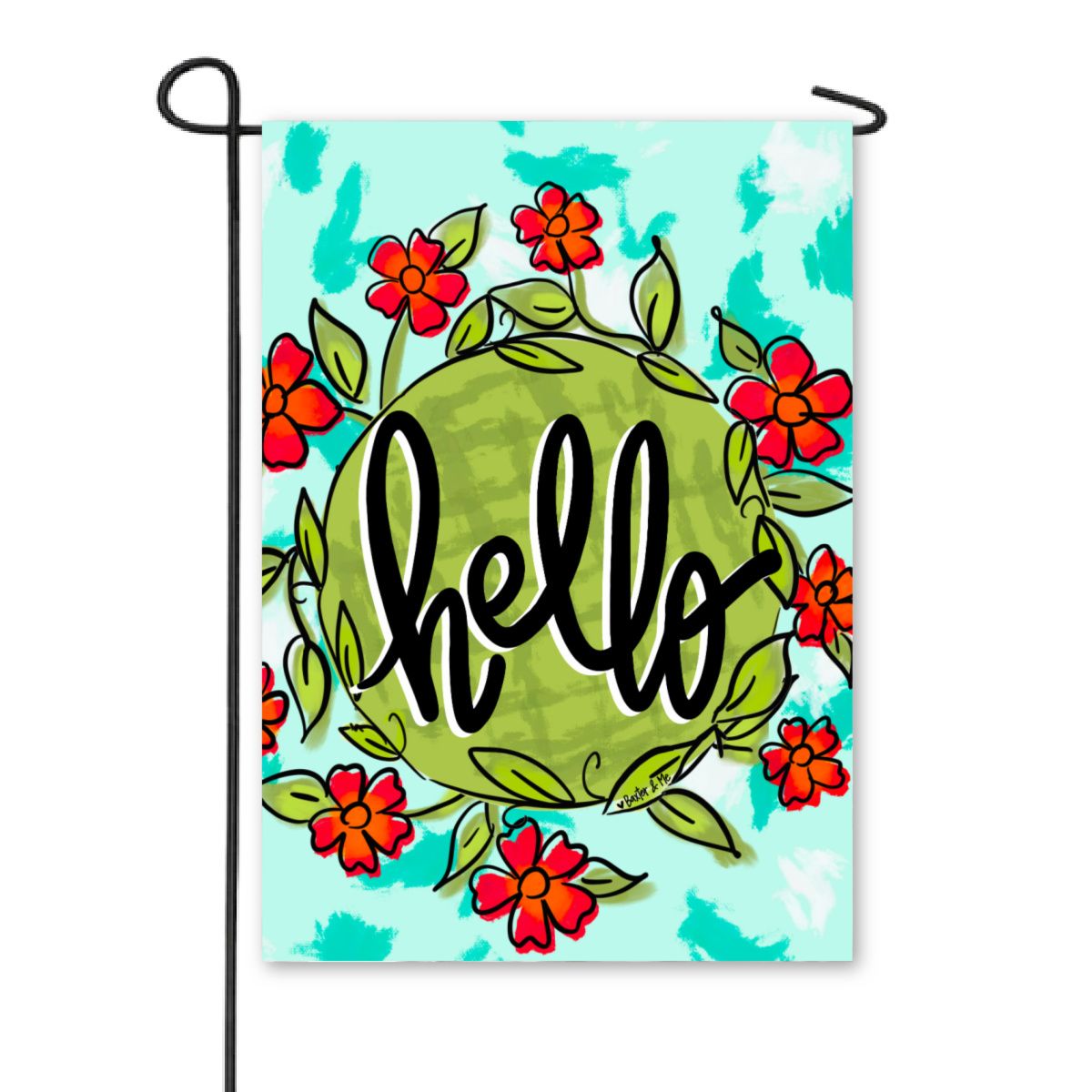 Hello Red Floral Wreath Garden Flag