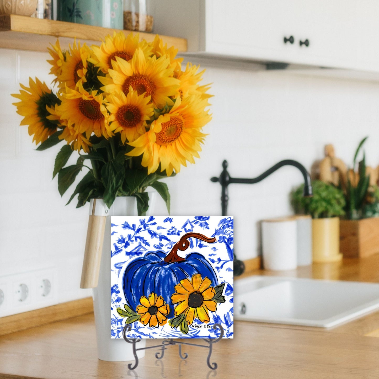 Blue Willow Sunflower Pumpkin Wrapped Canvas