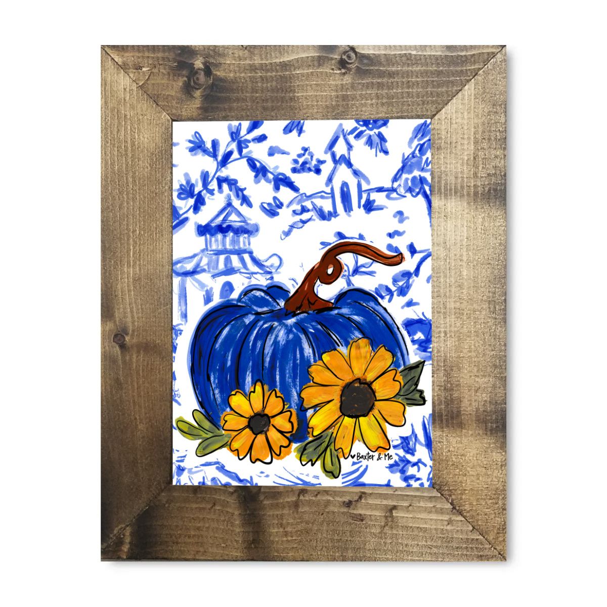Blue Willow Sunflower Pumpkin Framed Art