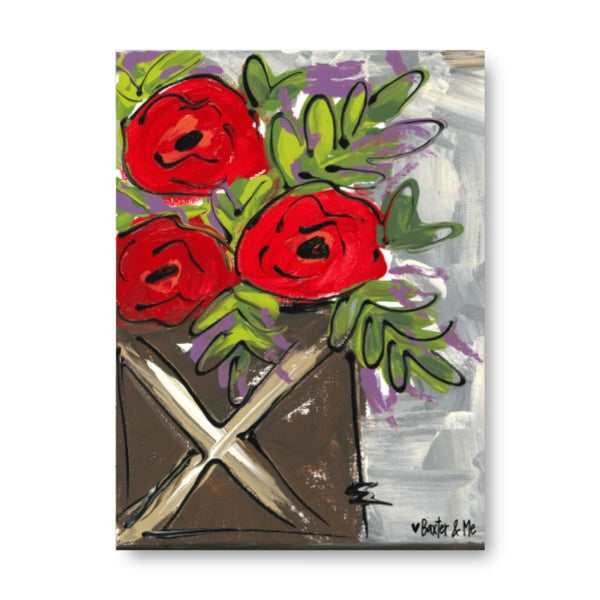 Poppies In A Wooden Jar - Wrapped Canvas