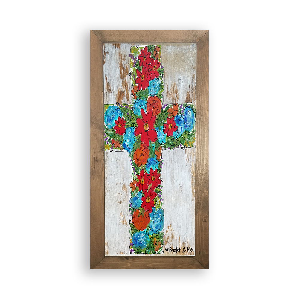 Floral Cross - Framed Art; 12" x 24"