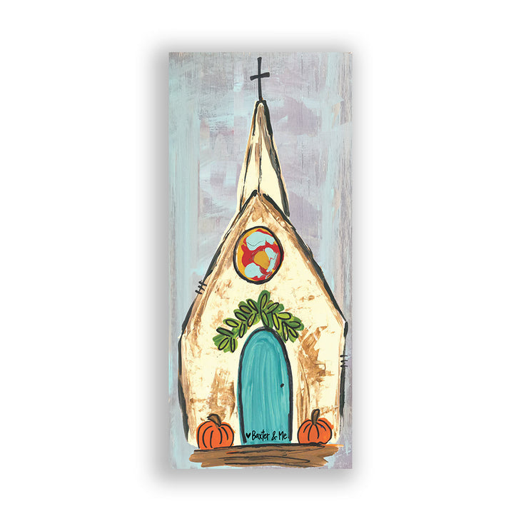 Church W/ Pumpkins - Wrapped Canvas