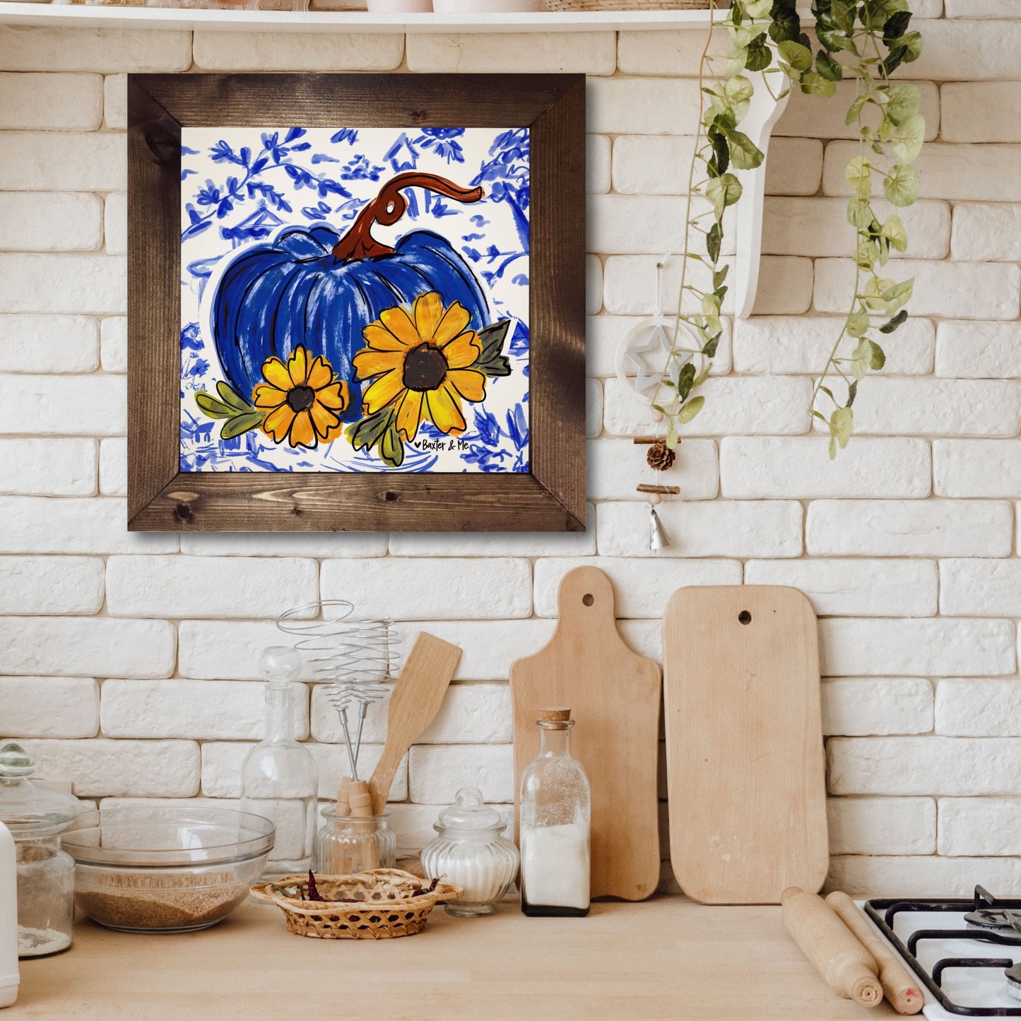 Blue Willow Sunflower Pumpkin Framed Art