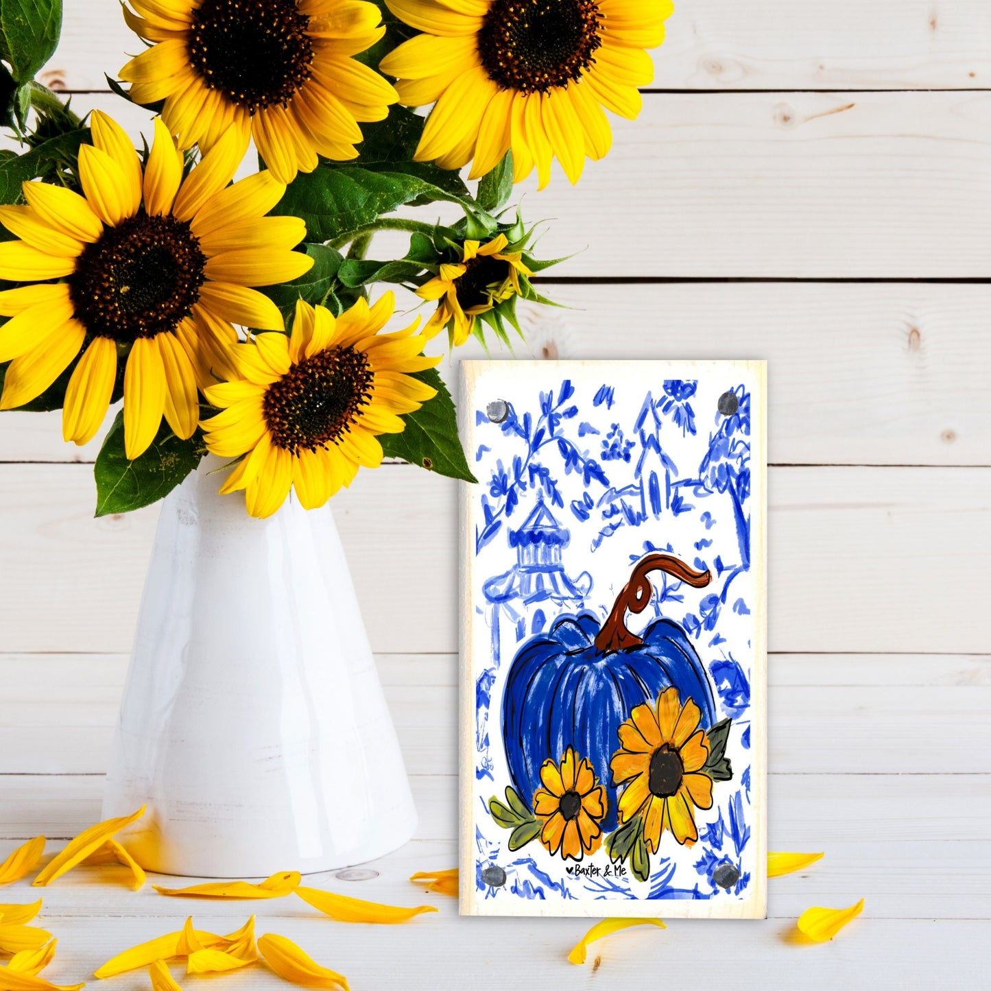 Blue Willow Sunflower Pumpkin Happy Block