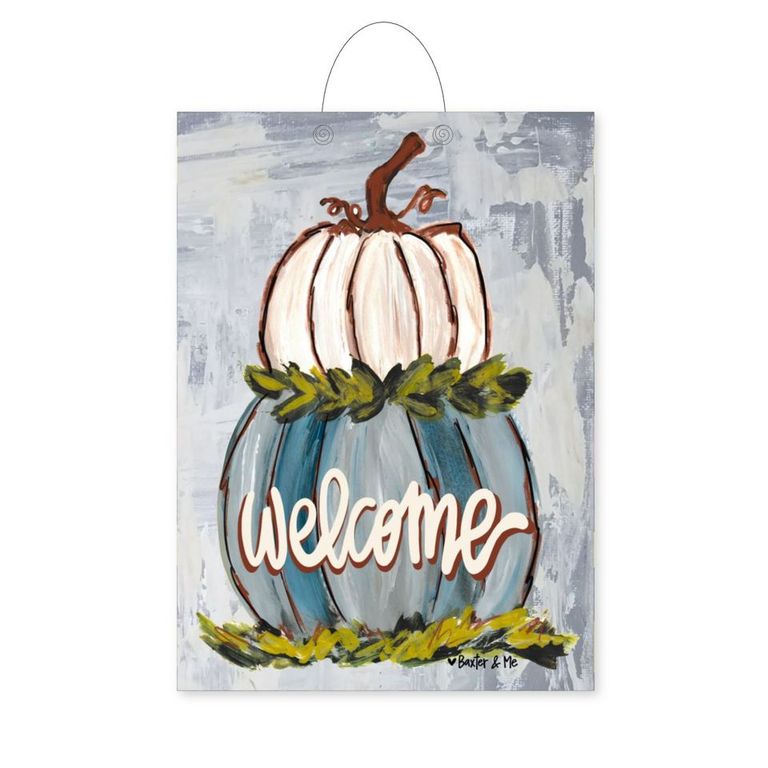 Welcome Double Stacked Neutral Pumpkin Door Hanger