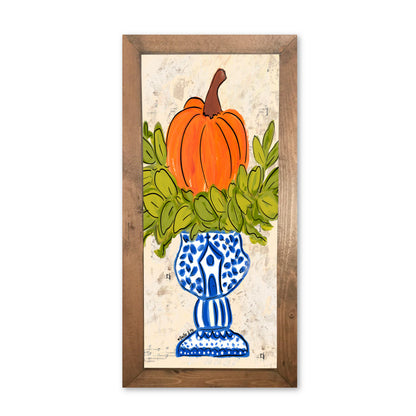 Pumpkin in Blue Willow Planter Framed Art