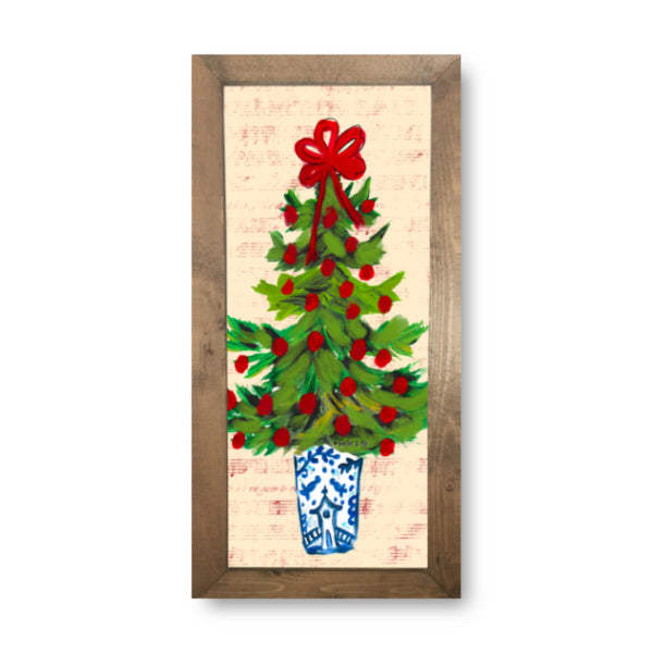 Blue Willow Red Ribbon Tree Framed Art