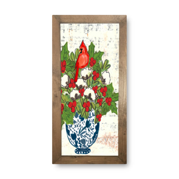 Blue Willow Cotton Holly Berry Cardinal Framed Art