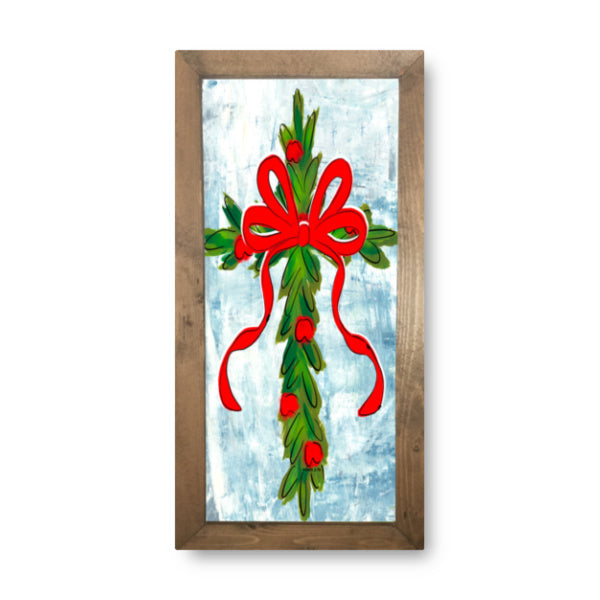 Christmas Berry Cross with Red Bow Framed Art