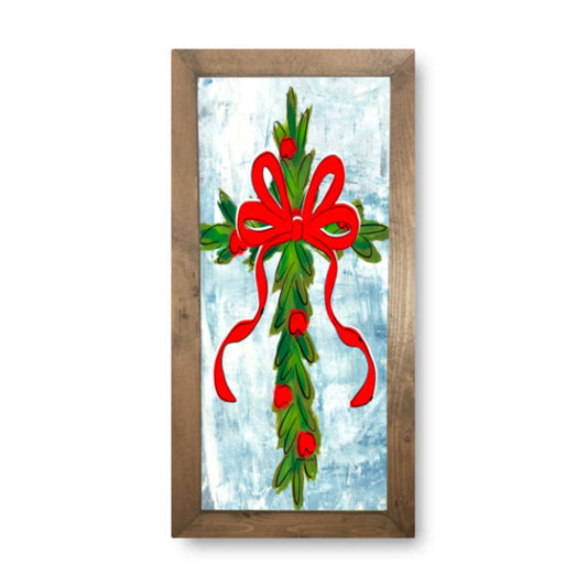 Christmas Berry Cross with Red Bow Framed Art