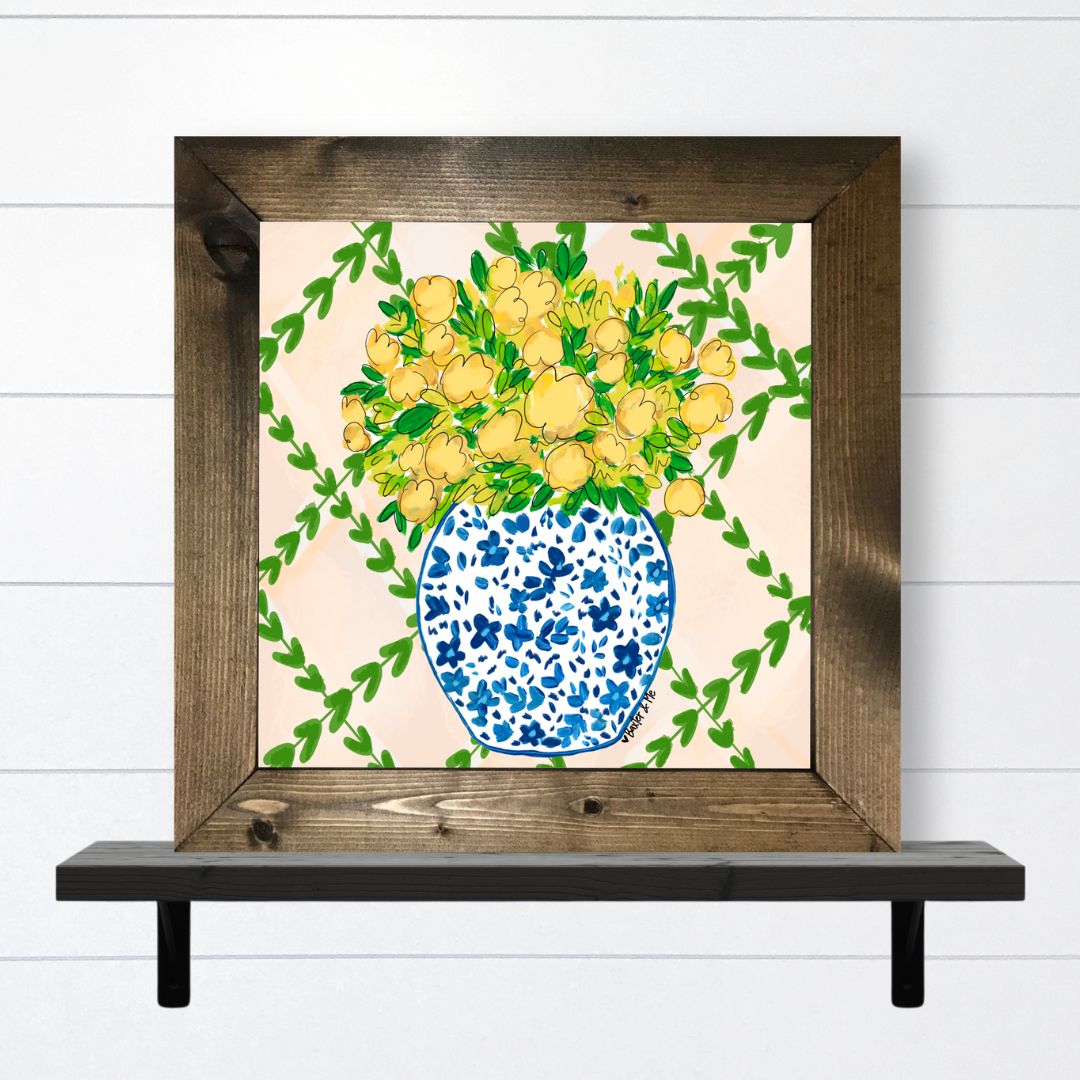 Yellow Floral in Blue Willow Wrapped Canvas