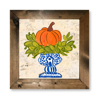 Pumpkin in Blue Willow Planter Framed Art