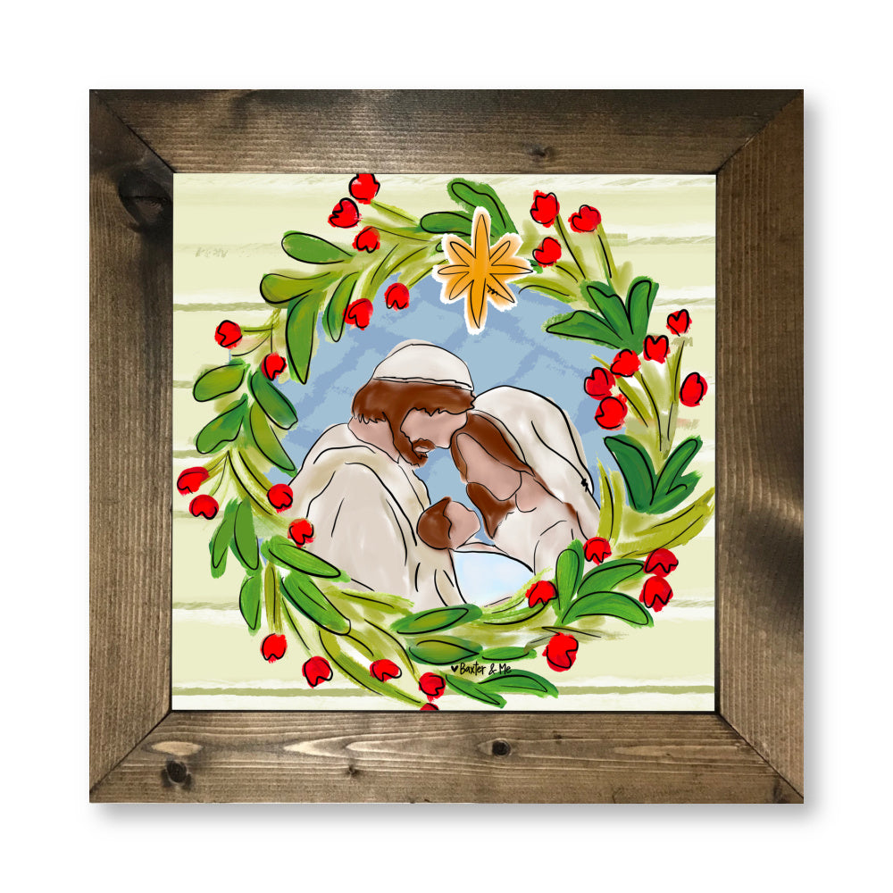 Joseph Mary Jesus Christmas Wreath Framed Art