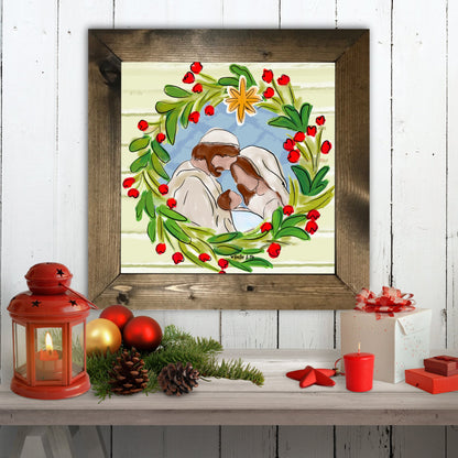 Joseph Mary Jesus Christmas Wreath Framed Art