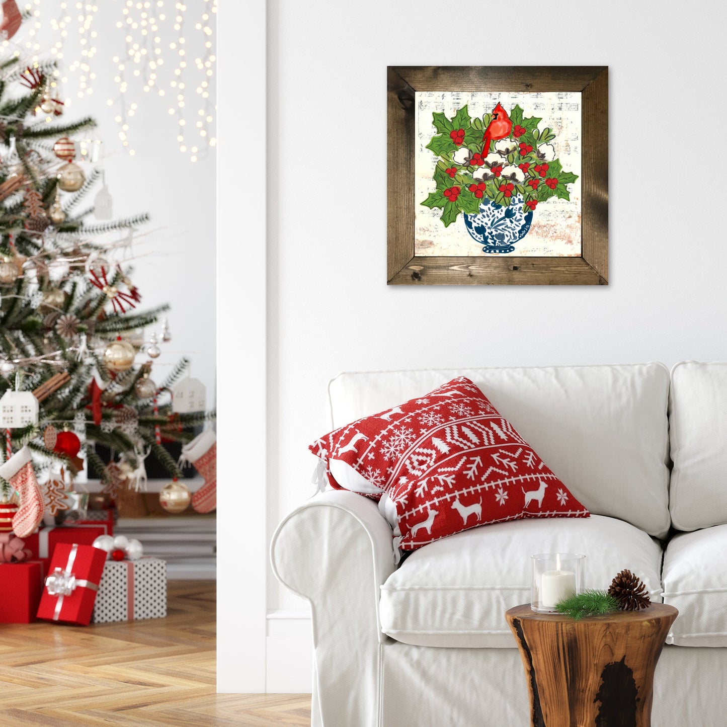 Blue Willow Cotton Holly Berry Cardinal Framed Art