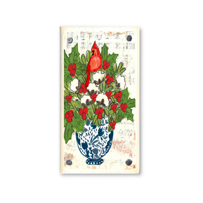 Blue Willow Cotton Holly Berry Cardinal Happy Block