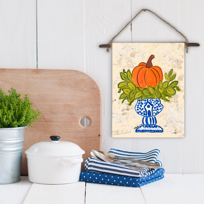 Pumpkin in Blue Willow Planter Mini Wall Hanging