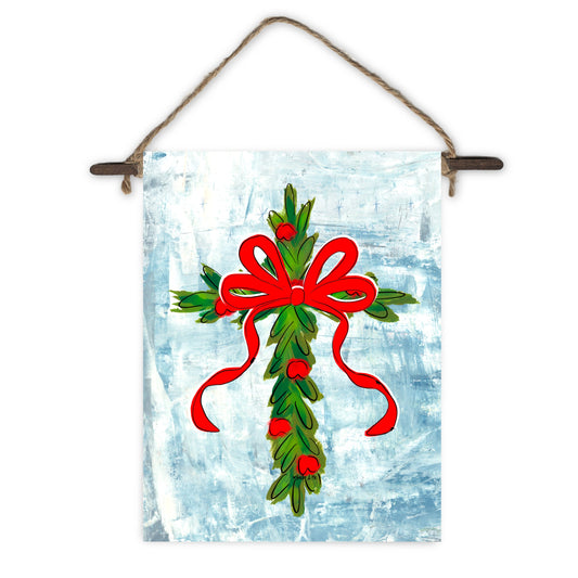 Christmas Berry Cross with Red Bow Mini Wall Hanging