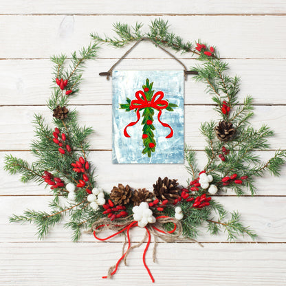 Christmas Berry Cross with Red Bow Mini Wall Hanging