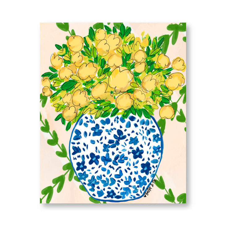 Yellow Floral in Blue Willow Wrapped Canvas