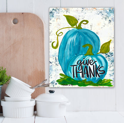 Give Thanks Blue Pumpkins Wrapped Canvas