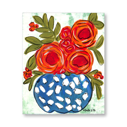 Red Floral in Blue & White Vase Wrapped Canvas