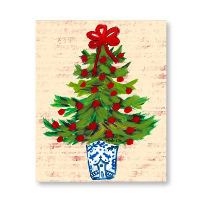 Blue Willow Red Ribbon Tree Wrapped Canvas