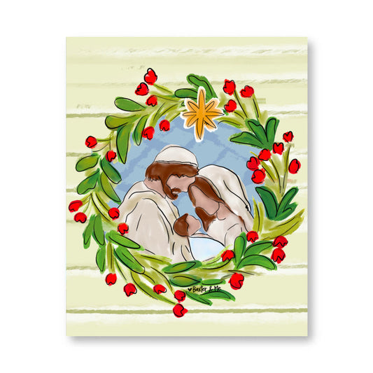 Joseph Mary Jesus Christmas Wreath Wrapped Canvas