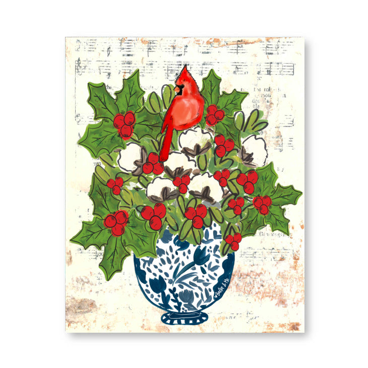 Blue Willow Cotton Holly Berry Cardinal Wrapped Canvas