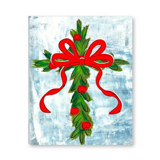 Christmas Berry Cross with Red Bow Wrapped Canvas