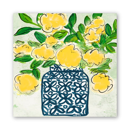 Yellow Arrangement in Blue & White Vase Wrapped Canvas