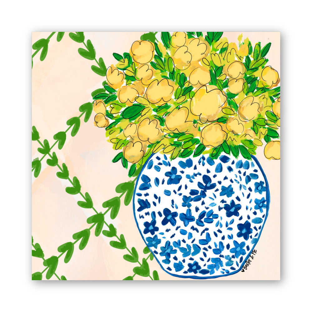 Yellow Floral in Blue Willow Wrapped Canvas