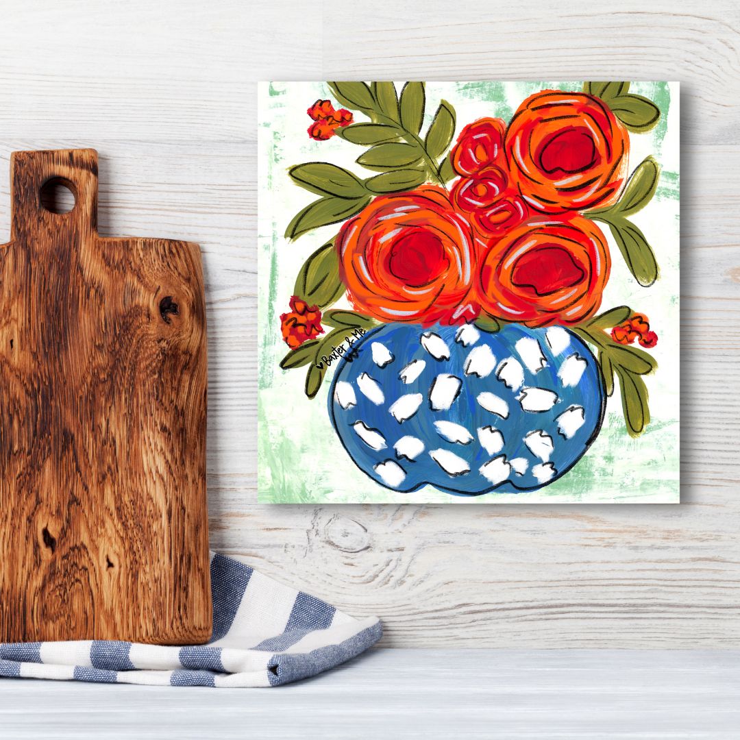 Red Floral in Blue & White Vase Wrapped Canvas