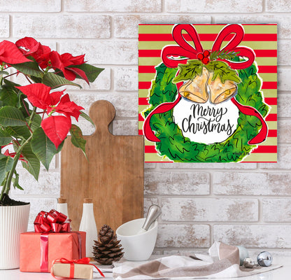 Merry Christmas Bells Wreath Wrapped Canvas