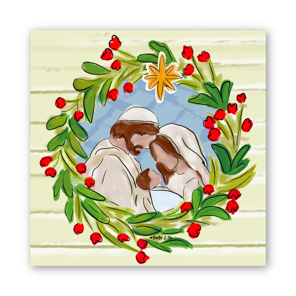 Joseph Mary Jesus Christmas Wreath Wrapped Canvas