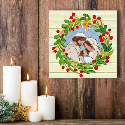 Joseph Mary Jesus Christmas Wreath Wrapped Canvas