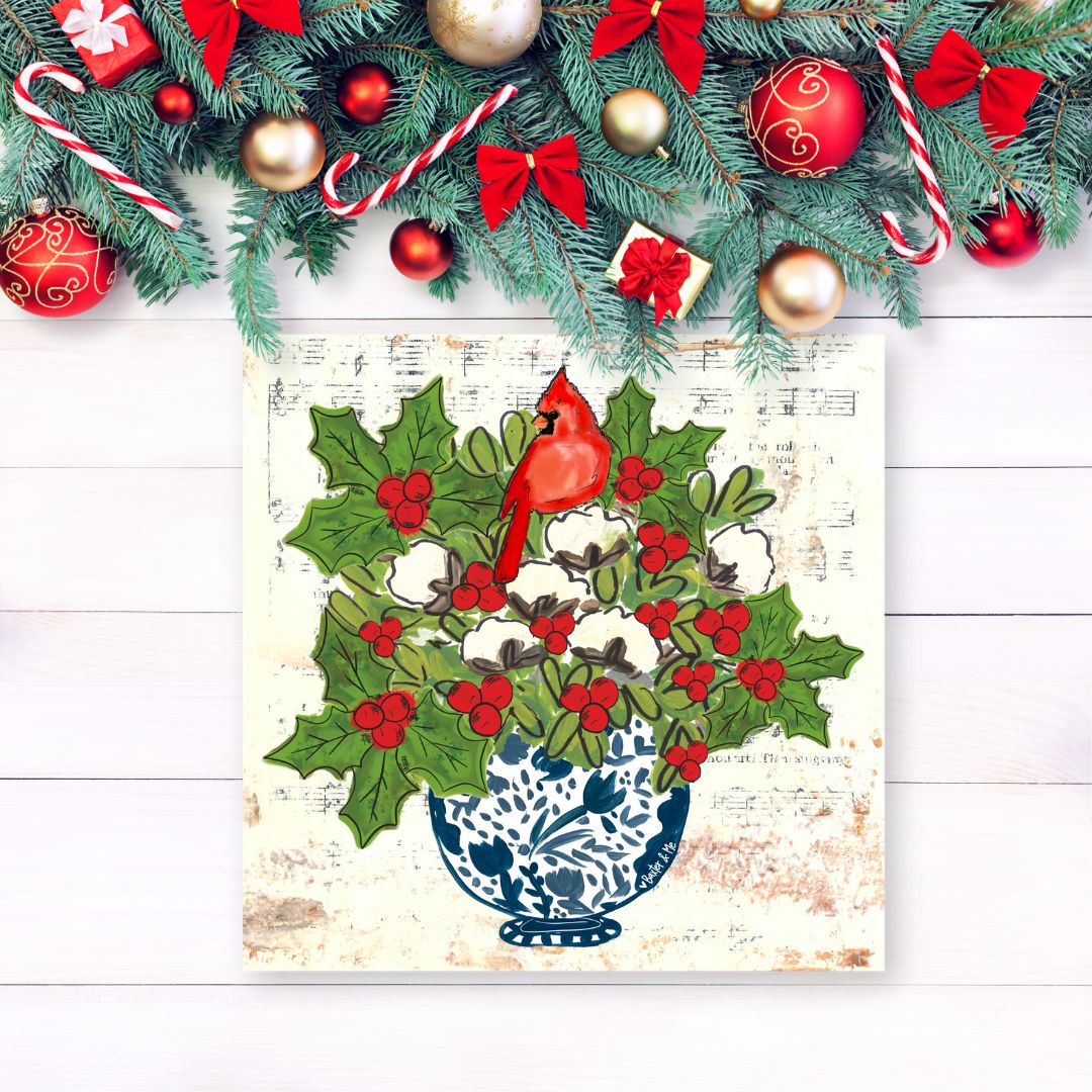 Blue Willow Cotton Holly Berry Cardinal Wrapped Canvas