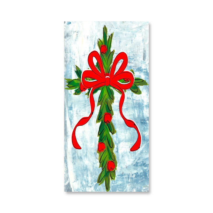 Christmas Berry Cross with Red Bow Wrapped Canvas