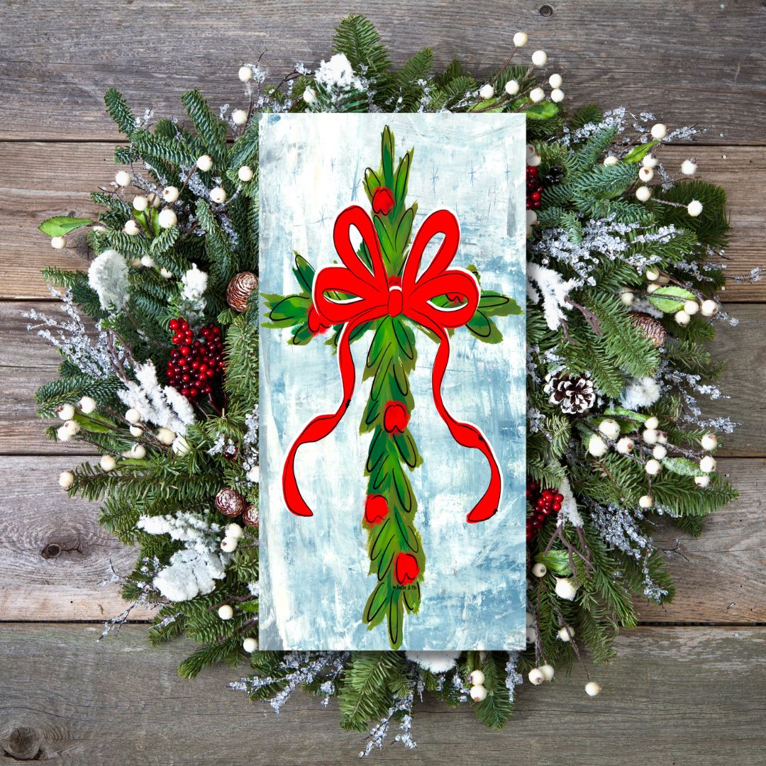 Christmas Berry Cross with Red Bow Wrapped Canvas