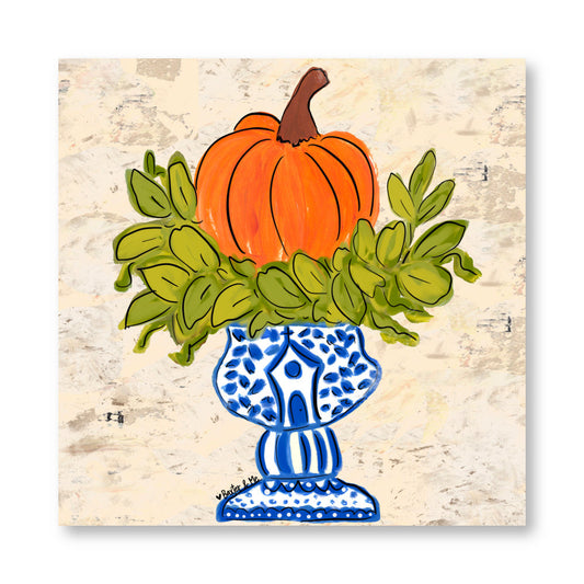 Pumpkin in Blue Willow Planter Wrapped Canvas