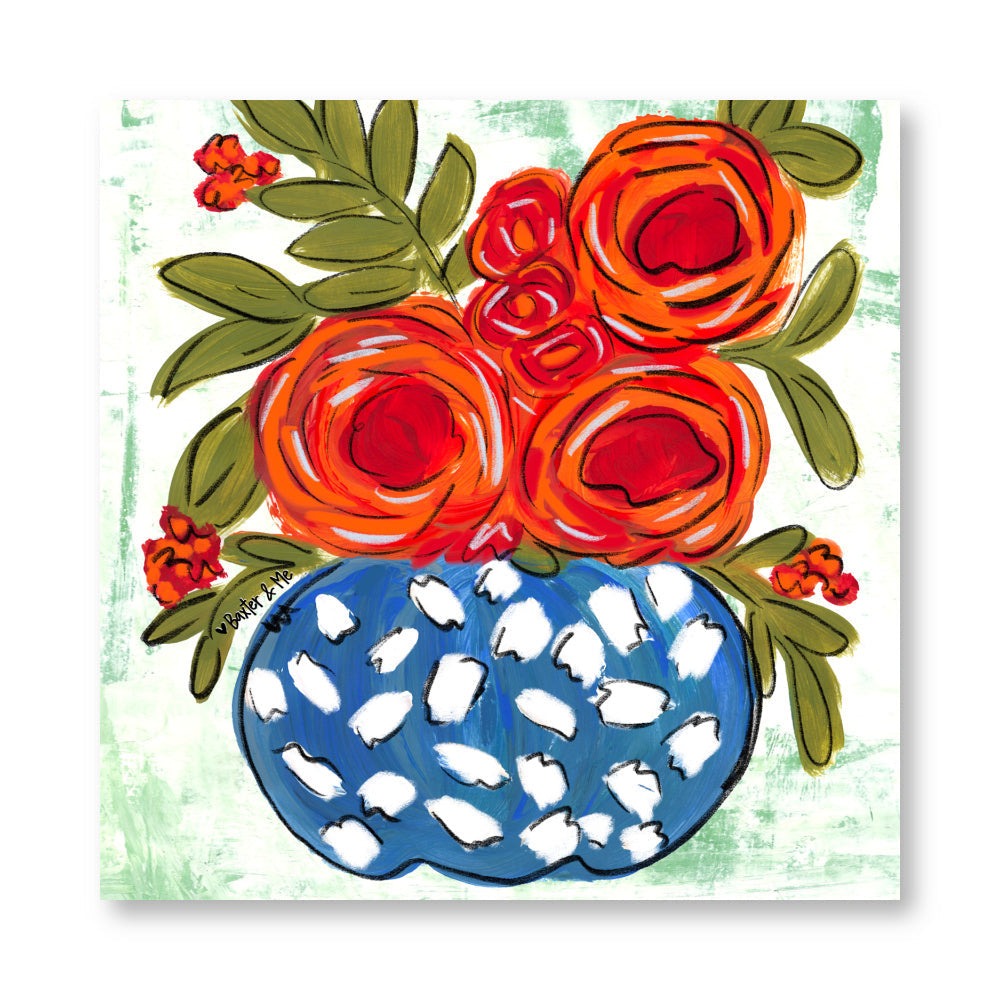 Red Floral in Blue & White Vase Wrapped Canvas