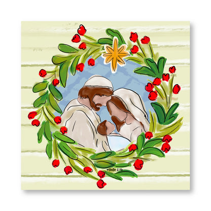 Joseph Mary Jesus Christmas Wreath Wrapped Canvas