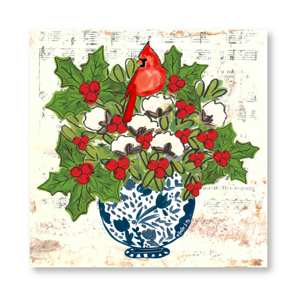 Blue Willow Cotton Holly Berry Cardinal Wrapped Canvas