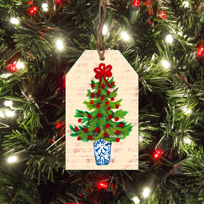 Blue Willow Red Ribbon Tree Gift Tag Ornament